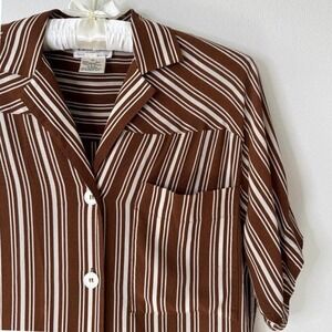 Vintage Christian Dior Brown/White Striped Blouse 90s Designer Womens Top
